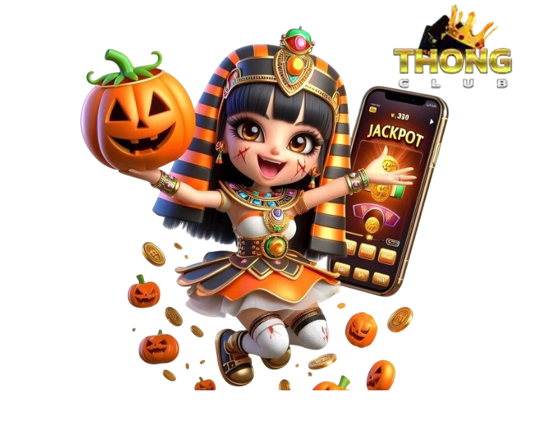 การ์ตูนเด็กผู้หญิงธีมฮาโลวีน ถือสมาร์ตโฟนแสดงสล็อต พร้อมฟักทองและเหรียญทอง